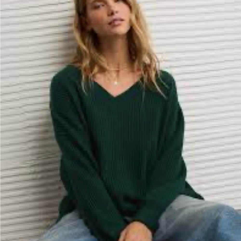 American Eagle Waffle Knit V-Neck LS shirt-XS